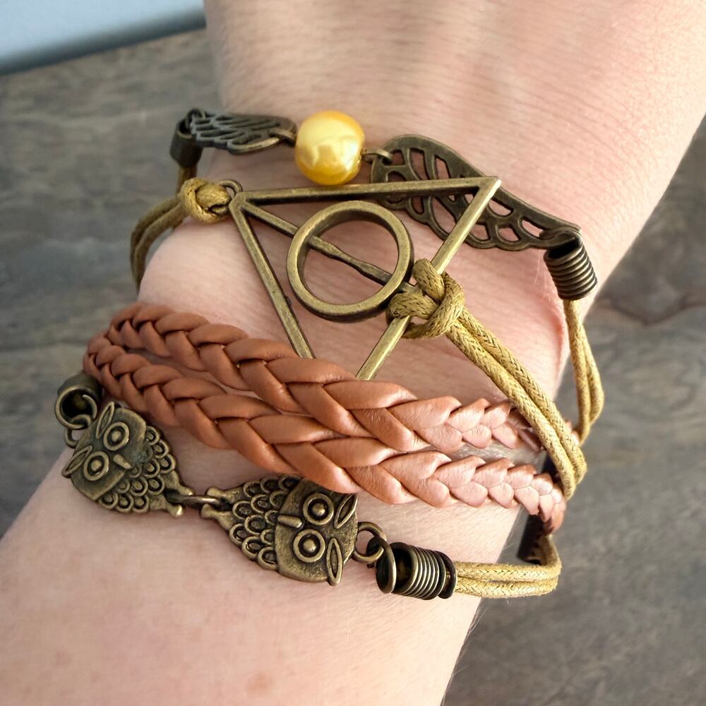Boho Owl Faux Pearl Multi Layer Brown and Antique Gold Adjustable Bracelet